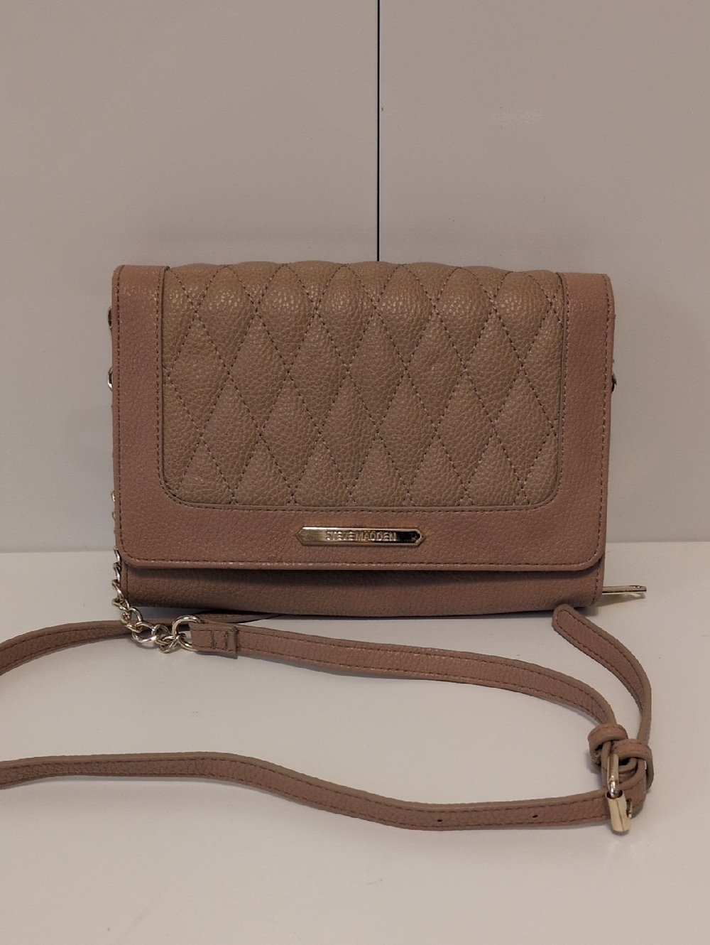 Steve Madden Quilted Taupe Pebbled Crossbody with Gold Accent